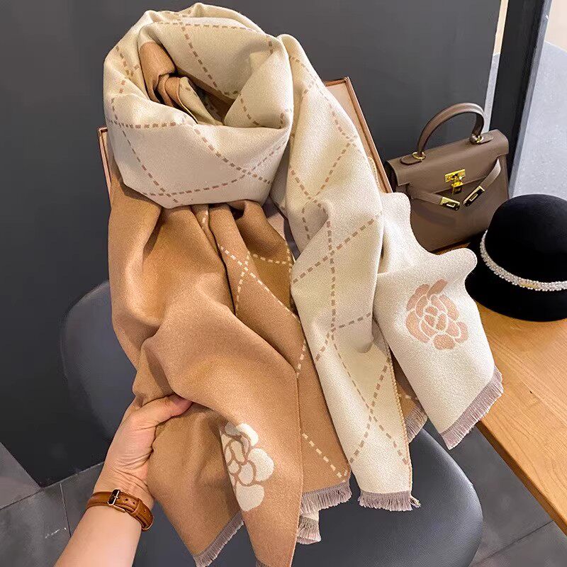 法国Cins Kiss小香风山茶花羊绒围巾女秋冬季百搭双面保暖披肩,服饰配件/皮带/帽子/围巾,手帕,淘宝优惠券,粉丝福利购,淘宝优惠卷