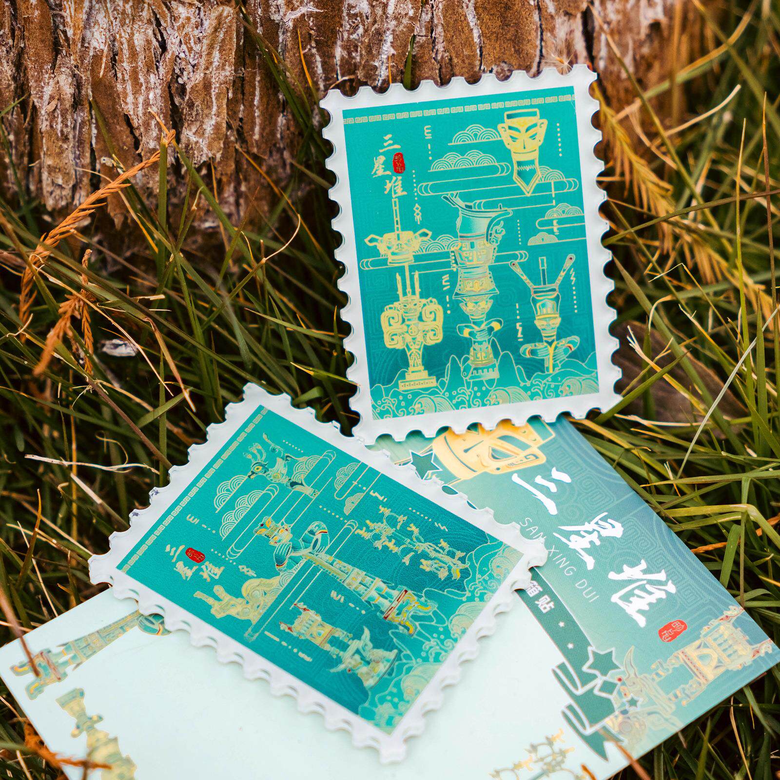 新款三星堆邮票冰箱贴磁吸门装饰金色面具青铜神树旅游文创纪念品