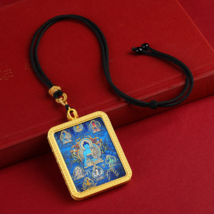 藏式唐卡半手绘描金药师佛唐卡项链
