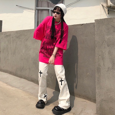 欧美高街美式复古字母涂鸦印花短袖t恤女夏季新款宽松玫红色上衣