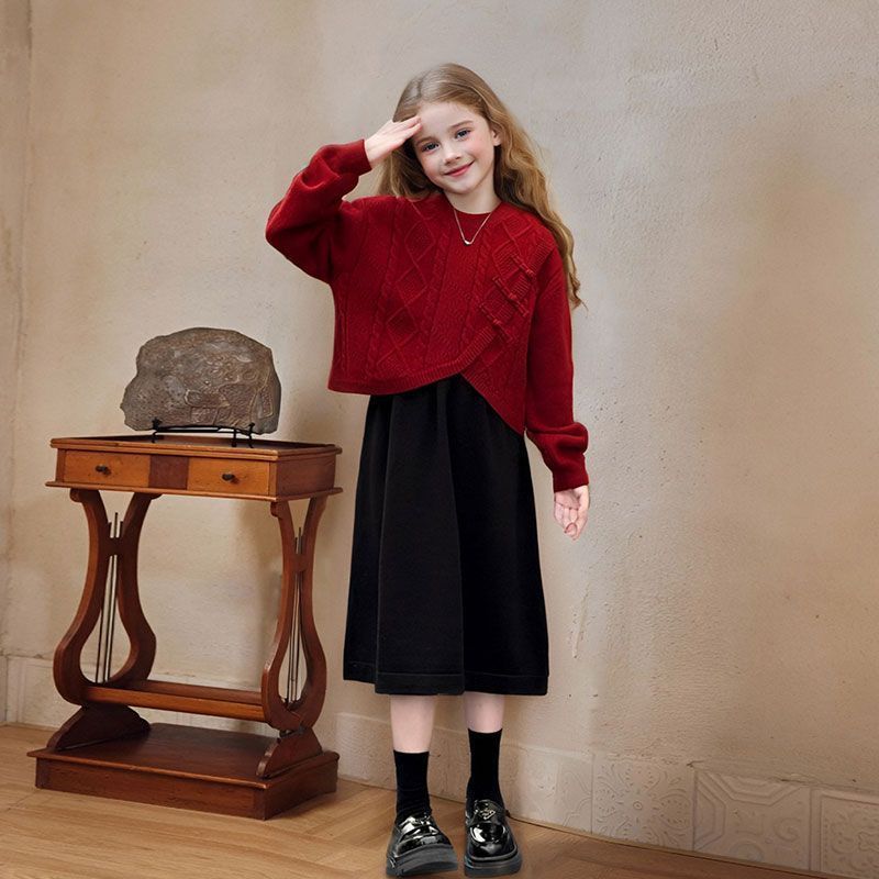 女童红色毛衣套装裙秋冬季两件套
