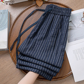 宽松显瘦直筒长裤 薄款 女 女2025夏季 啄木鸟条纹亚麻垂感阔腿九分裤