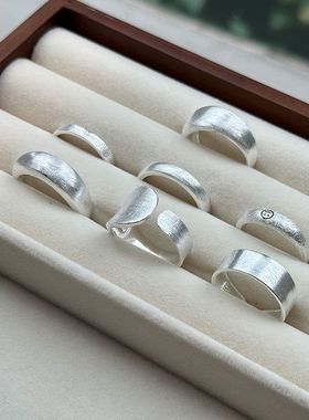 百搭指环纯银戒设计925组合工艺食指开口亮银色拉丝磨砂戒子指