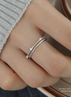 戒双层纯银戴风锆石女食指风简约