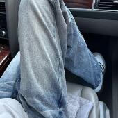 手喷猫须冰蓝色牛仔裤 子潮 cleanfit宽松直筒男生裤 男春秋新款 美式