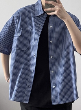 学院经典法式蓝色格纹衬衫52068 夏季少年感日系短袖CCD自由商店