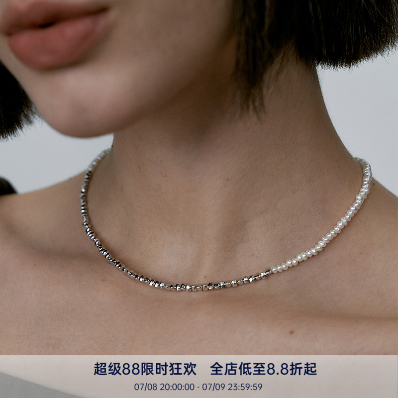 PausaAnn s925 天然淡水珍珠拼接三角碎银简约时髦项链