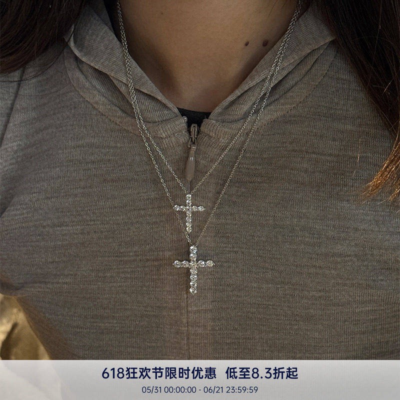 PAUSA ANN s925 轻奢复古3A火彩锆石十字架大小号项链