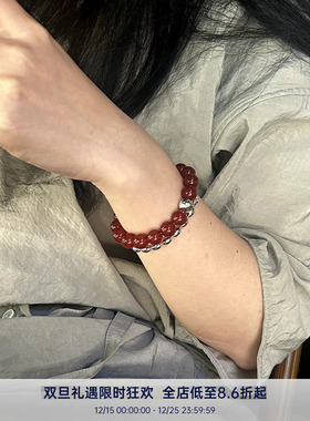 PAUSA ANN s925 天然石黑/红玛瑙拼肌理球现代时髦手链