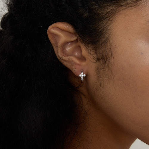 PAUSA ANN s925迷你镶钻浮雕十字架金银耳圈耳钉