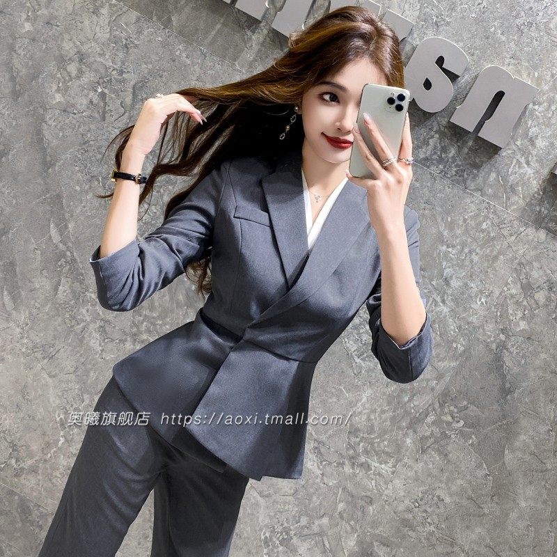 高级感灰色职业装女2024春秋气质收腰珠宝酒店经理工作服西装套装
