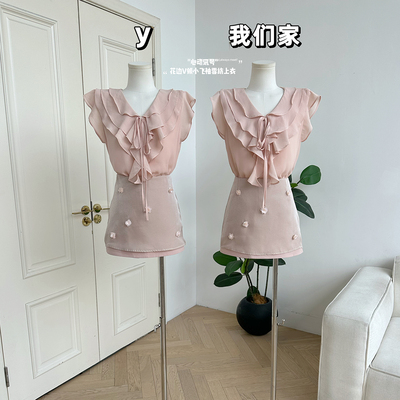 V领小飞袖雪纺上衣宽松气质