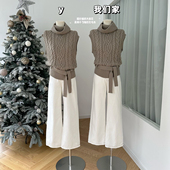 柒月末 粗针编织立体大麻花高领小飞袖 腰带绞花毛衣背心双色可选