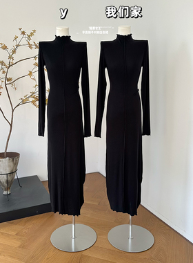 柒月末 '耀黑女王'澳洲琎口羊毛！莱赛尔天丝半高领不对称连衣裙