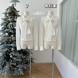 柒月末 雪系千金'浪漫维度!法式重工拼接蕾丝蝴蝶结提花长袖衬衫