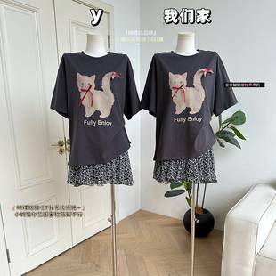 上衣 柒月末 蝴蝶结猫咪 卡通印花短袖 T恤女夏全棉大版
