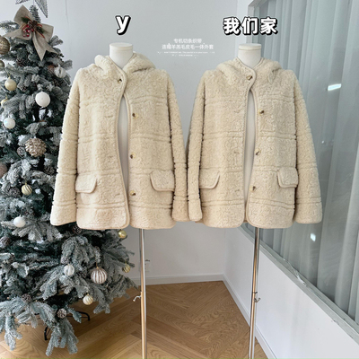 专机切条织带连帽羊羔毛外套女