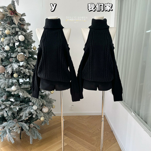 柒月末【月半之下】设计感毛衣女秋冬高领露肩针织衫上衣