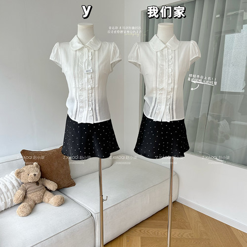 100莱赛尔木耳边短袖衬衫女上衣