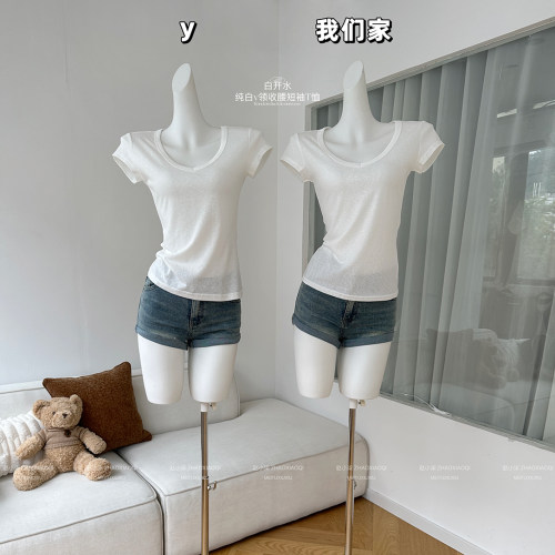 纯白V领收腰短袖T恤女春夏高弹