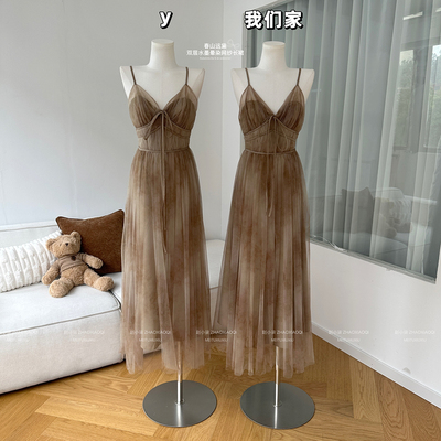 双层水墨晕染网纱v领吊带连衣裙