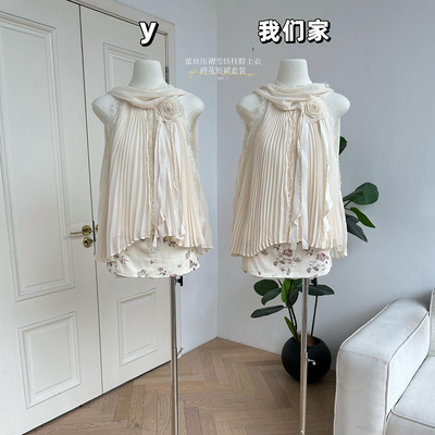 蕾丝挂脖压褶无袖露肩雪纺上衣