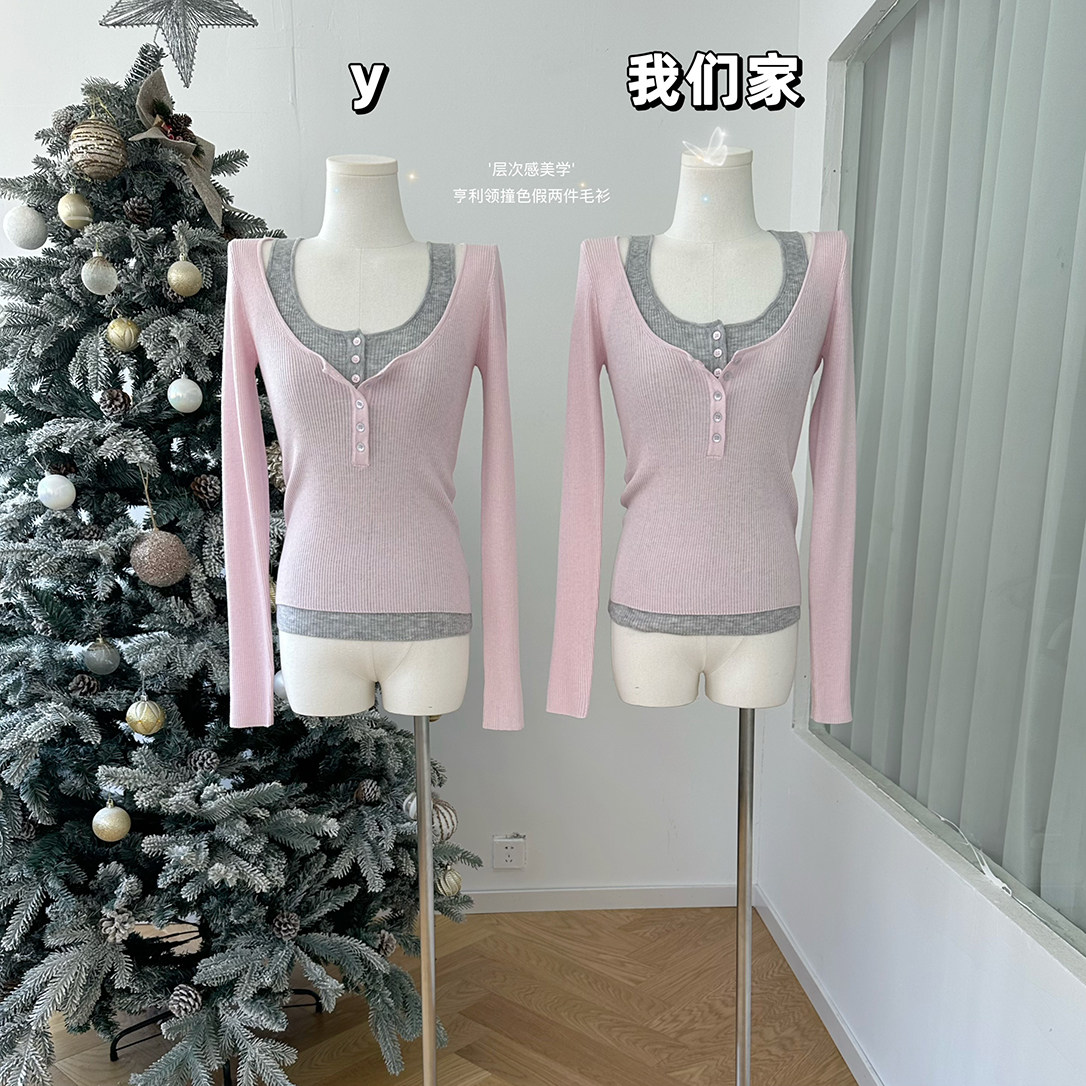 柒月末 层次感美学 显瘦48支超细羊毛亨利领撞色假两件毛衫女,女装/女士精品,毛针织衫,淘宝优惠券,粉丝福利购,淘宝优惠卷