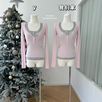 羊毛亨利领撞色假两件毛衫