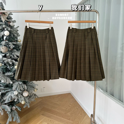 复古咖色格子西装学院百褶半身裙
