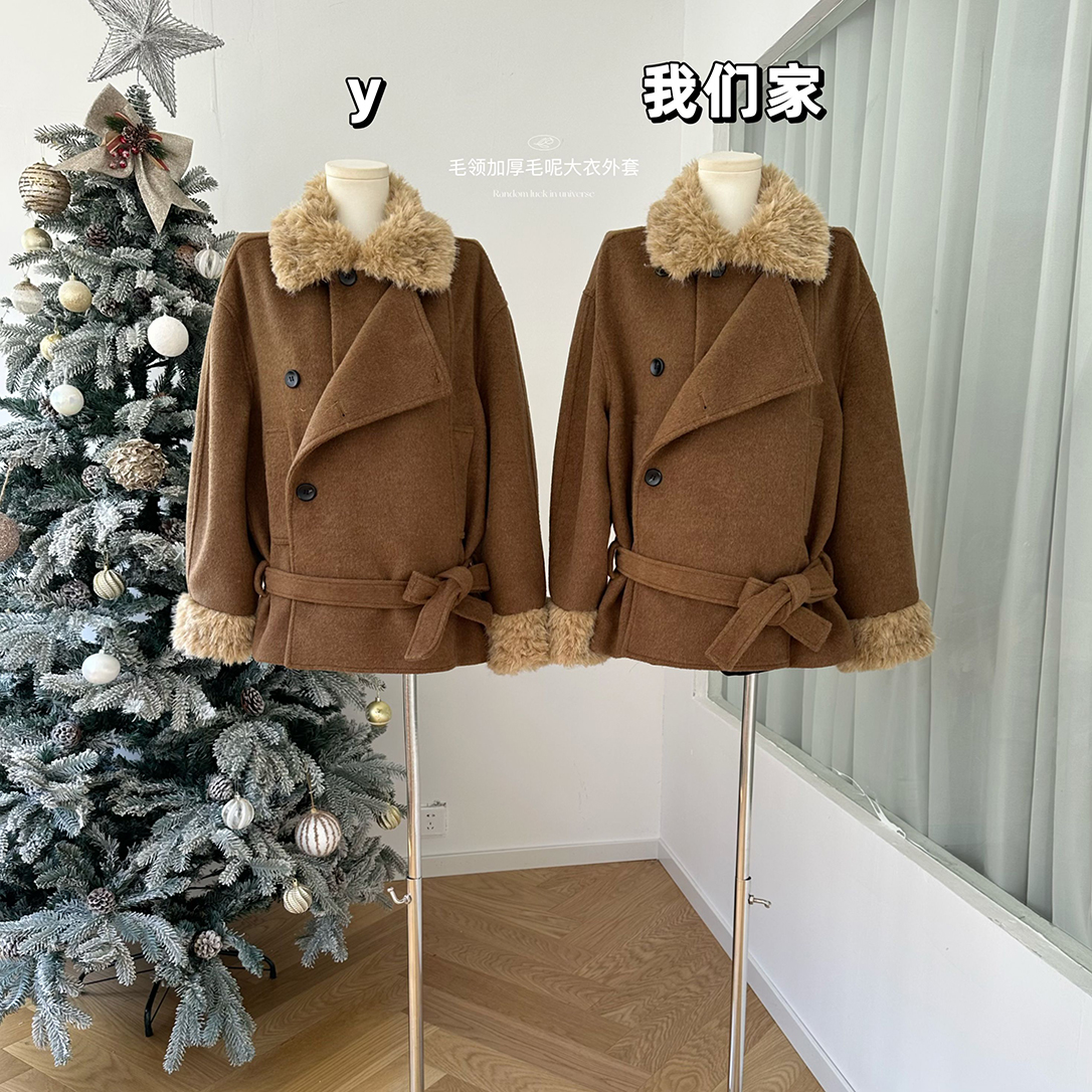 毛领加厚毛呢大衣外套