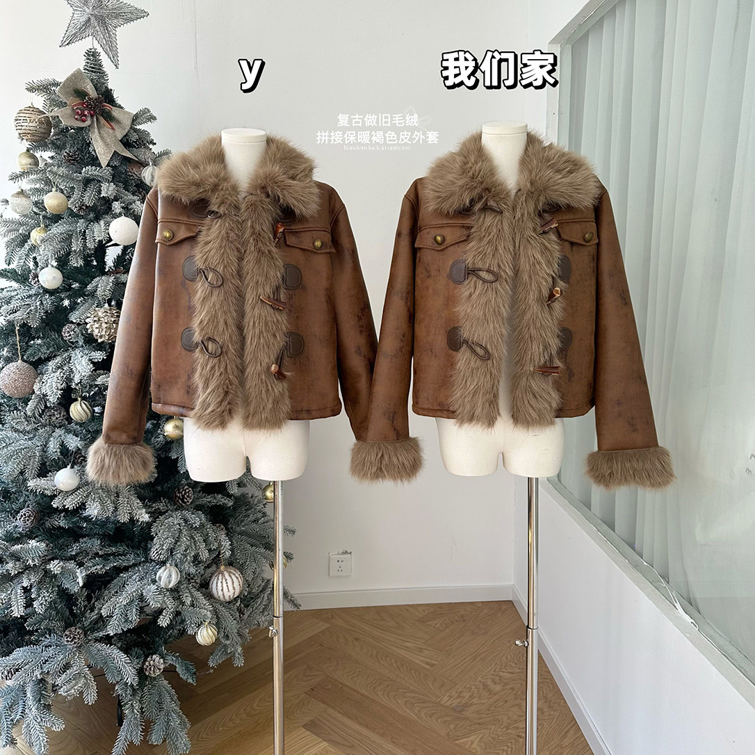 复古做旧毛绒拼接外套