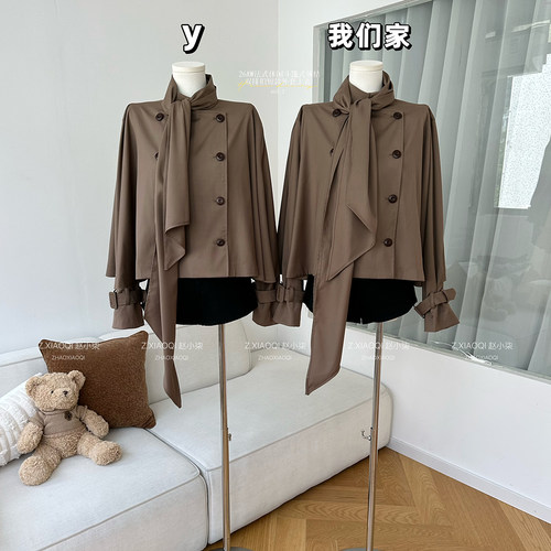 法式休闲宽松斗篷领结双排扣短款