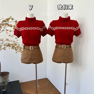 毛衣 女复古圣诞提花短袖 柒月末 羊毛红色费尔岛羊毛针织衫