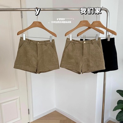 旷野漫步卡其色麂皮阔腿休闲裤
