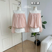 女早春高级感独特别致长袖 一字肩粉色雪纺衫 上衣 蜜桃陷阱 柒月末