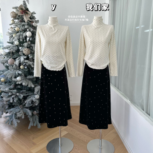 长袖 女秋冬新款 T恤小上衣 杏色波点半高领木耳边内搭打底衫 柒月末