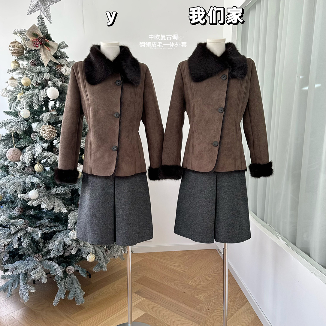 翻领斜门襟皮毛一体外套女秋冬