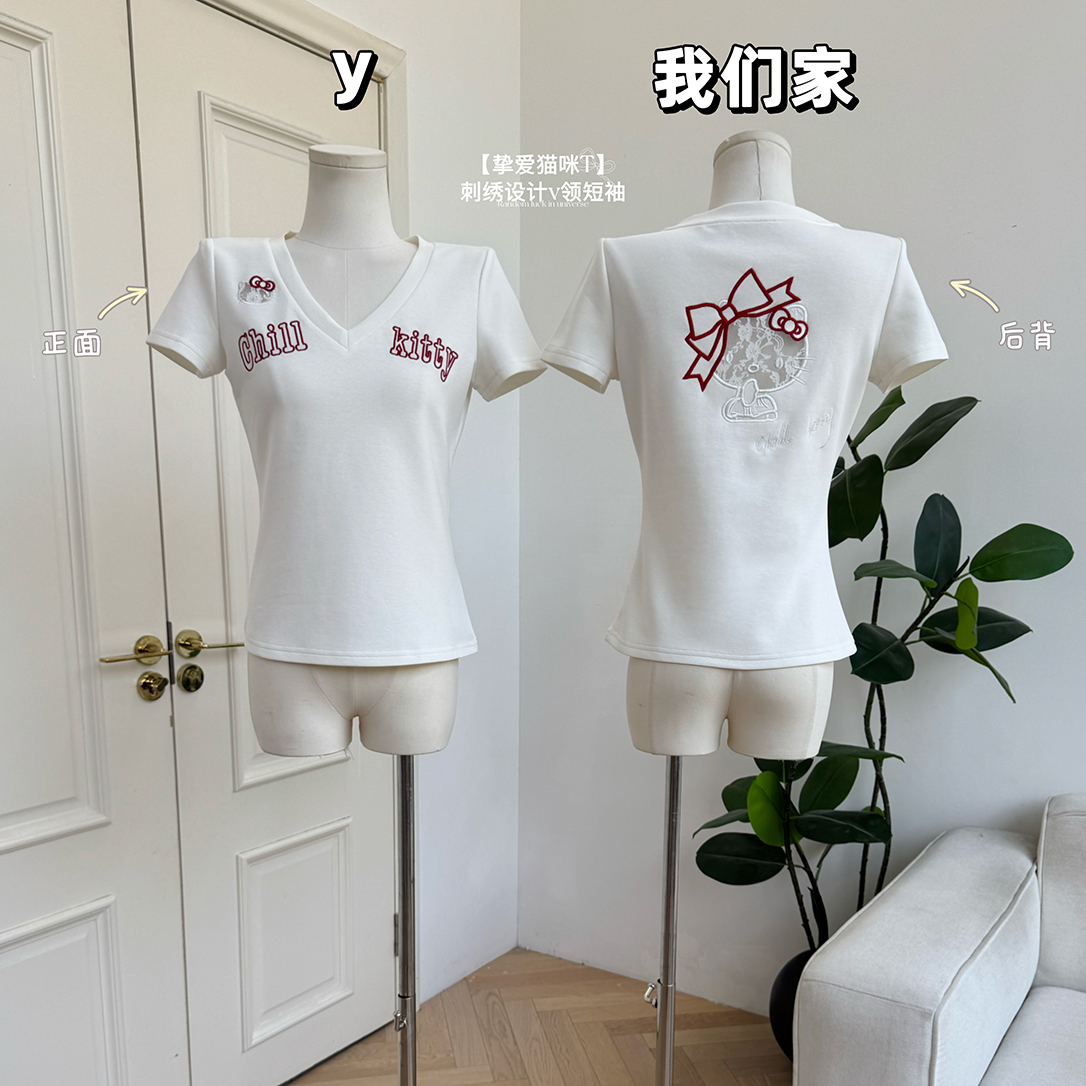 猫咪T刺绣v领短袖T恤百搭上衣女