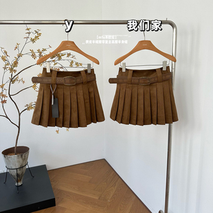 柒月末 麂皮半裙腰带百褶裙复古高腰半身裙短裙 m1u系欧尼