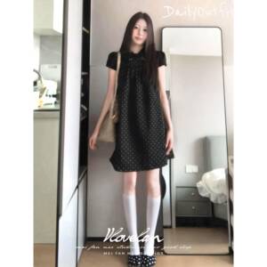 日系复古黑色波点娃娃领衬衫裙女夏季新款学院风小个子短袖连衣裙
