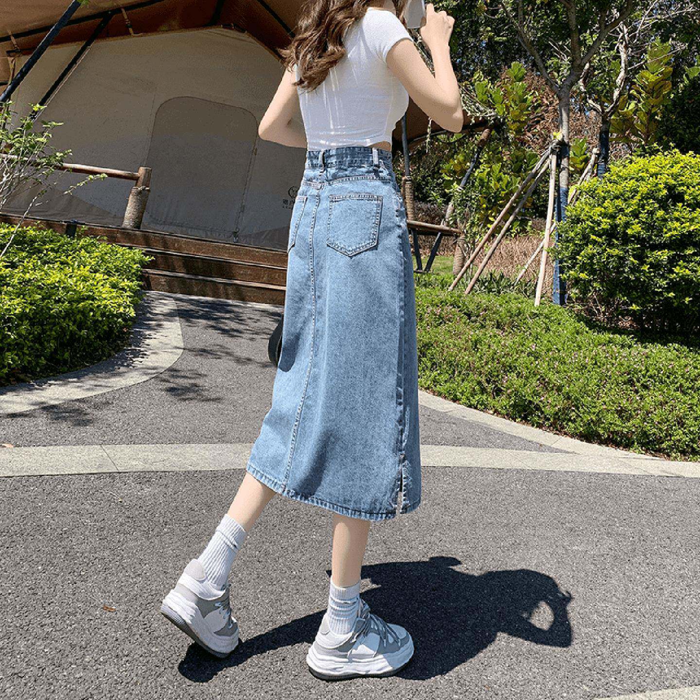 浅色半身裙女夏季薄款牛仔裙2026新款中长版a字半裙高腰包臀开叉