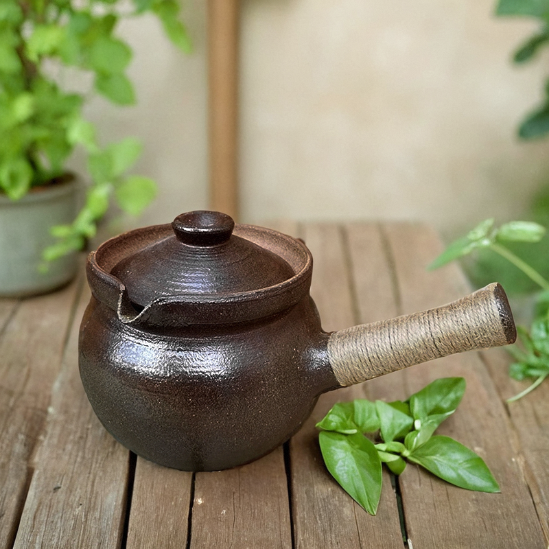 云南大理烤茶罐全手工老岩泥粗陶炕茶罐煮茶器带盖侧把松木柴烧制