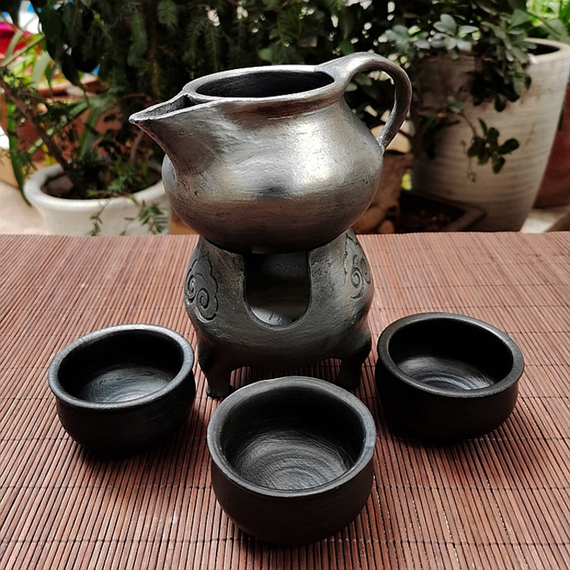 包邮云南剑川黑陶烤茶罐粗陶茶具茶炉加热复古弯把全手工柴窑新款