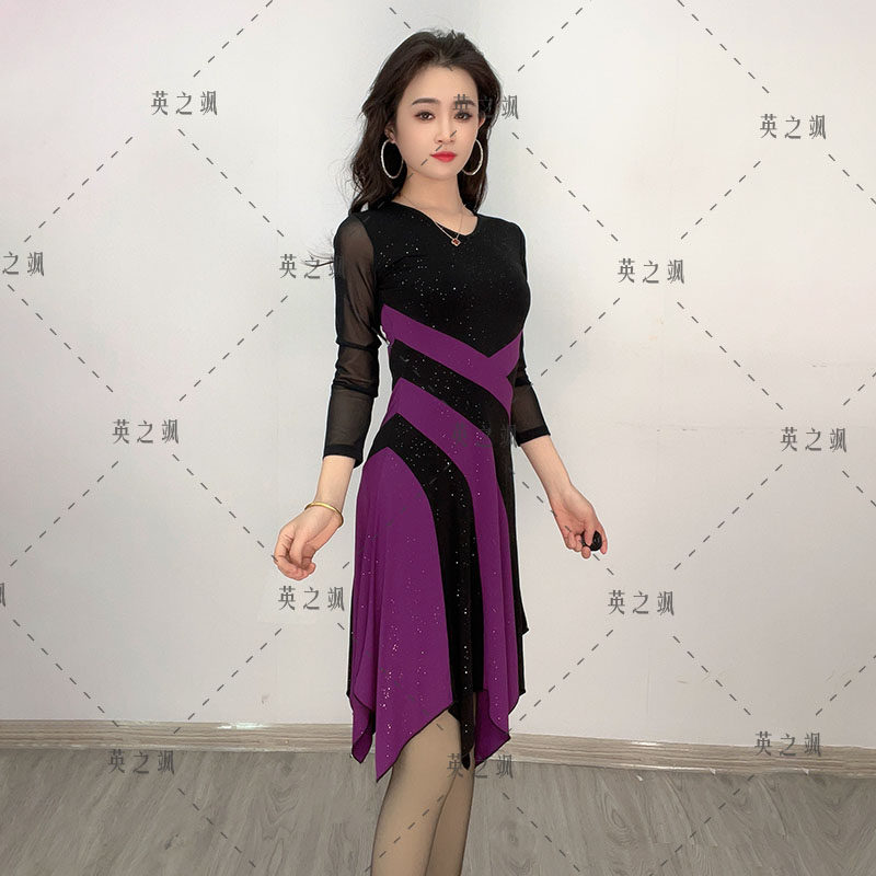 23039英之飒撞色亮片点帕斯广场舞吉特巴水兵交谊中长连衣舞蹈裙