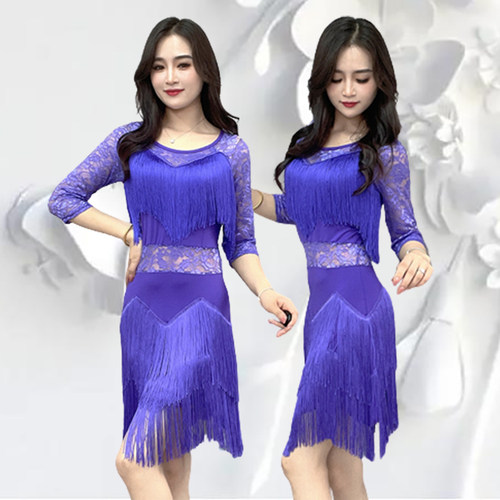 英之飒新圆领蕾丝流苏舞蹈连衣裙