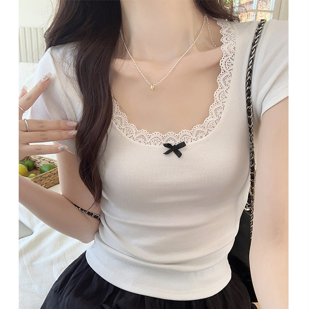 芭蕾风纯欲温柔蕾丝花边T恤女2026夏新款复古短袖纯棉打底衫上衣