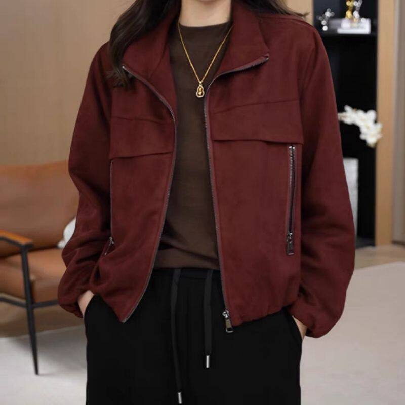 安可拉红立领外套女2025春秋新款韩版宽松设计感小众短款夹克上衣
