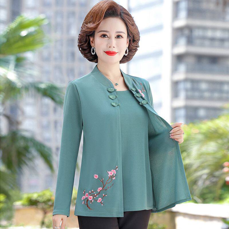中老年女装民族风妈妈新款洋气假两件套头衫中国风打底套装外套60