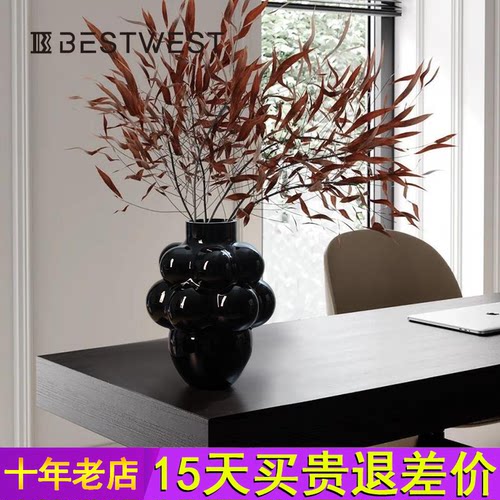黑色花瓶摆件法式玻璃轻奢高级感插花水培复古鲜花高颜值餐桌艺术