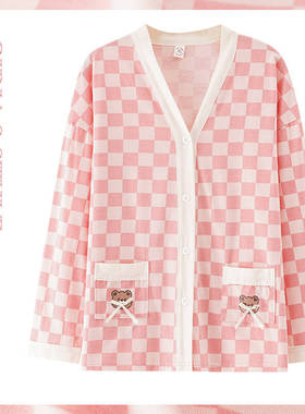 条纹单件睡衣上衣女秋季纯棉V领长袖对襟宽松衬衫春秋家居服上装